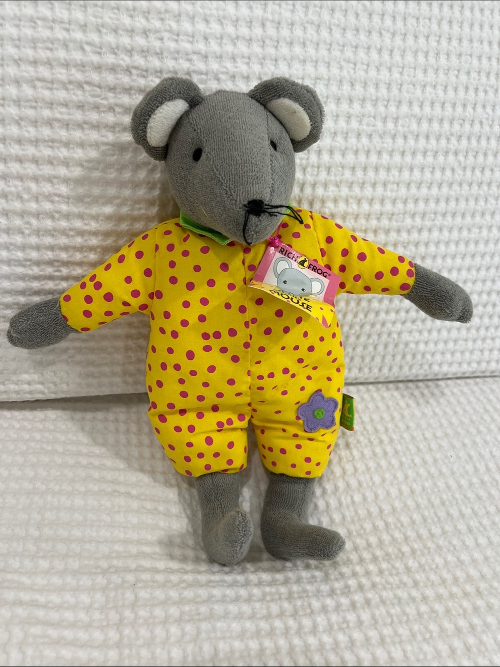 Gray Mouse Plush Toy in Yellow Polka-Dot Outfit
